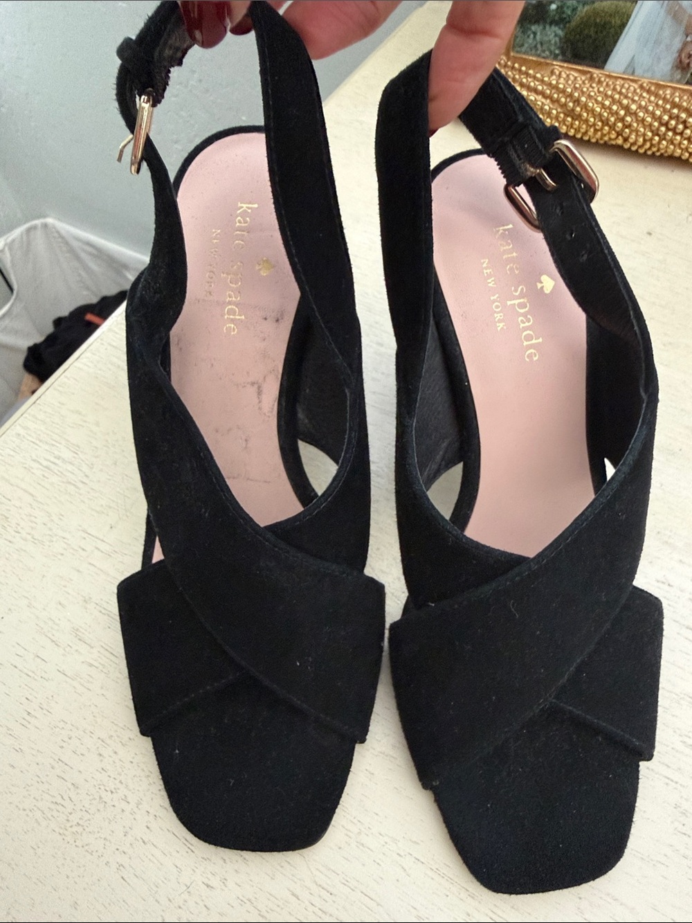 kate spade Black Suede Crisscross Slingback Heels